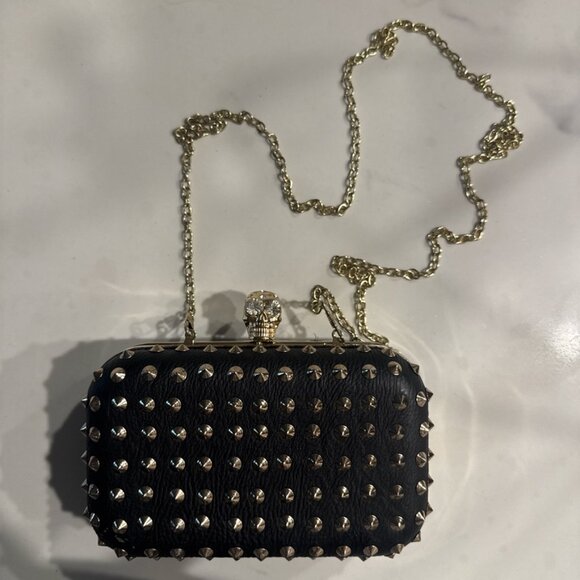 Black Studded Clutch with Skull Charm & Gold Hardware - Picture 2 of 4